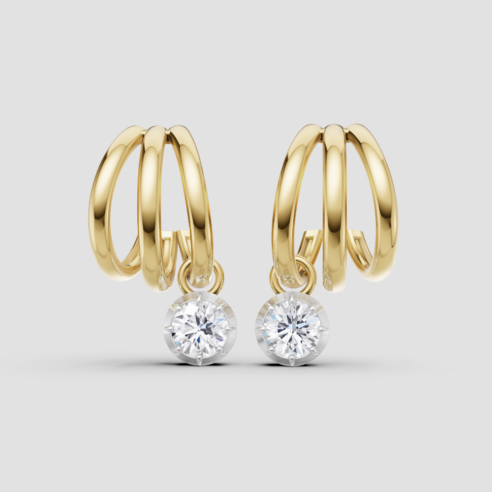 Triple Hoop Dangle Earrings with Diamond Charm – 14k Gold Layered Statement Hoops