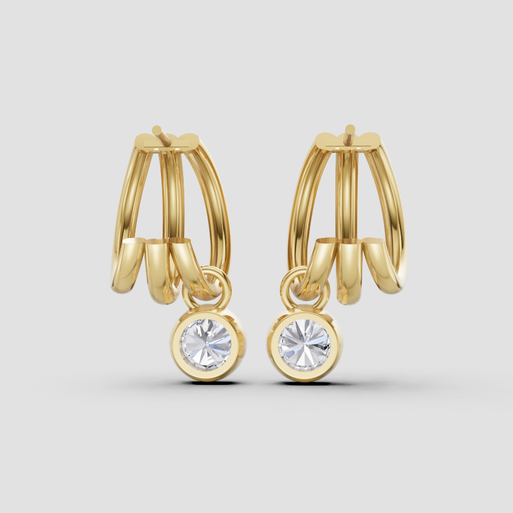 Triple Hoop Dangle Earrings with Diamond Charm – 14k Gold Layered Statement Hoops