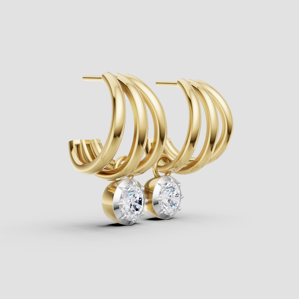 Triple Hoop Dangle Earrings with Diamond Charm – 14k Gold Layered Statement Hoops