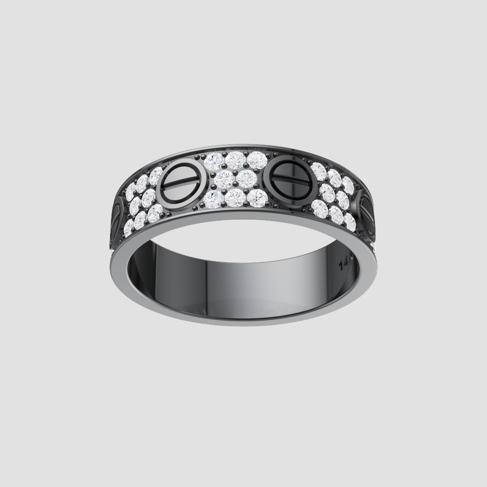 Industrial-Inspired Screw Motif Pavé Band – Modern Statement Ring in Gold, Rose Gold & Black