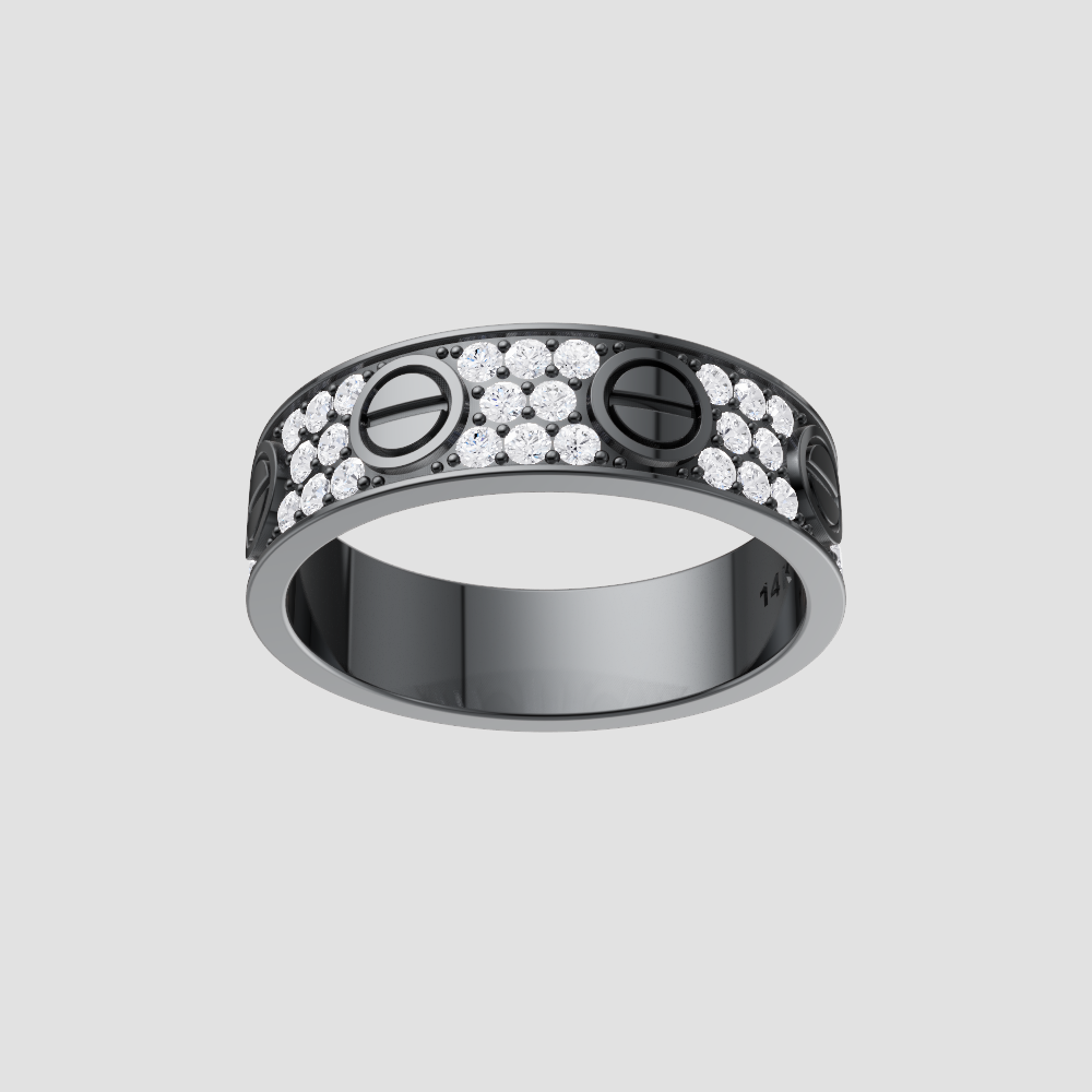 Industrial-Inspired Screw Motif Pavé Band – Modern Statement Ring in Gold, Rose Gold & Black
