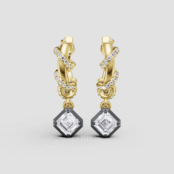 Emerald Cut Diamond Twist Drop Earrings