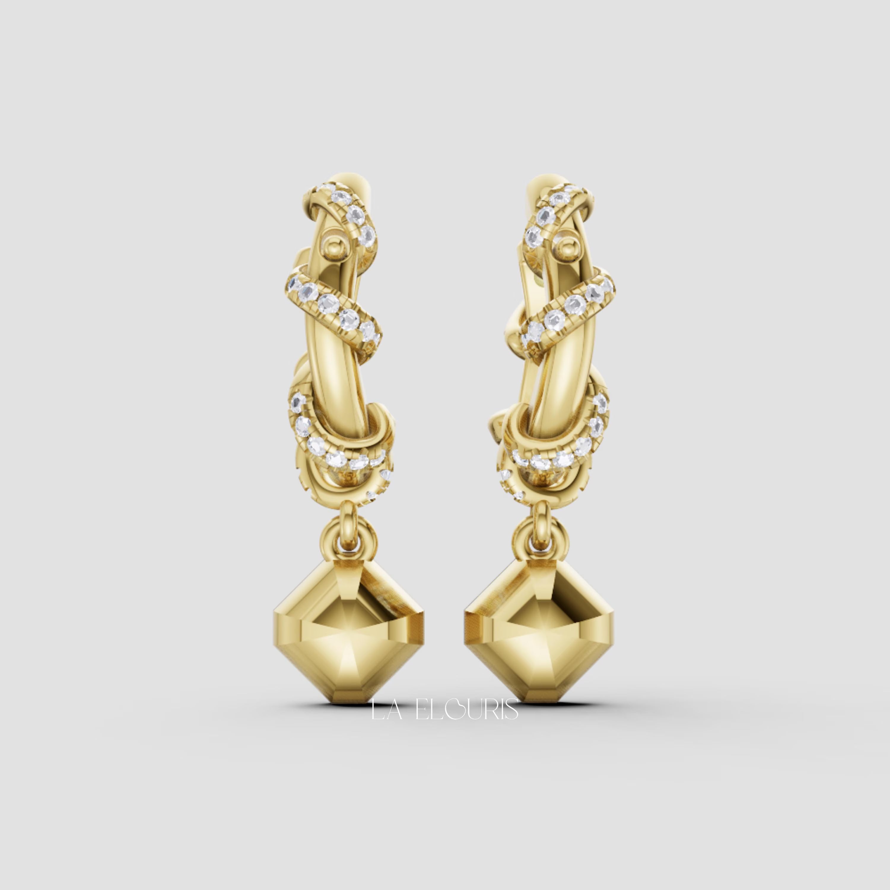 Emerald Cut Diamond Twist Drop Earrings