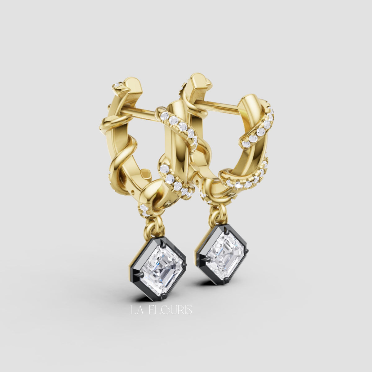 Emerald Cut Diamond Twist Drop Earrings