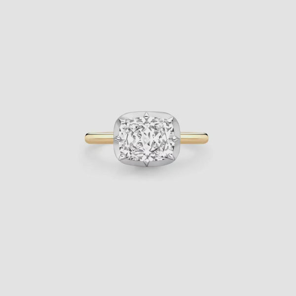 East-West Cushion Lab Diamond Ring | Georgian 18K Gold Setting